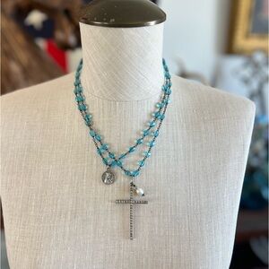 Vintage Religious Rosary Blue Beads Necklace CZ Gold Cross Catholic Medals